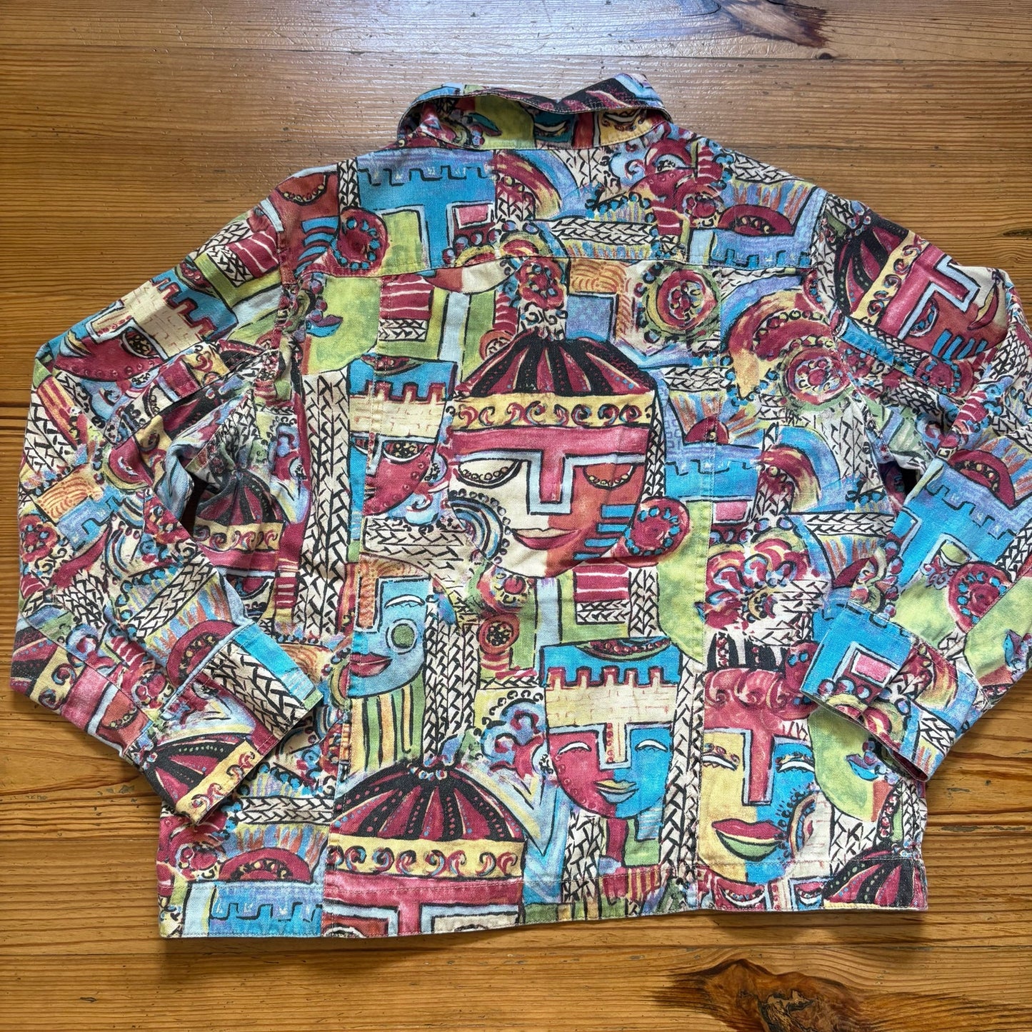 Chico's colorful abstract faces button up long sleeve linen women shirt SIZE 16