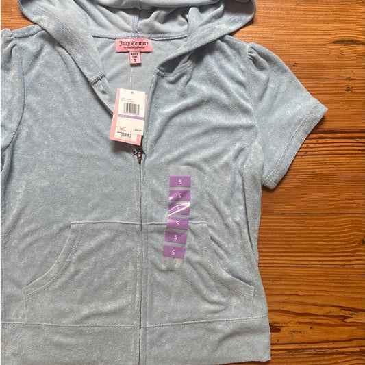 NWT Juicy Couture blue velour cloth full zip hooded short sleeve top SIZE S