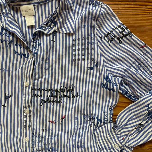 Chico's blue white striped Amalfi button up long sleeve shirt SIZE 12