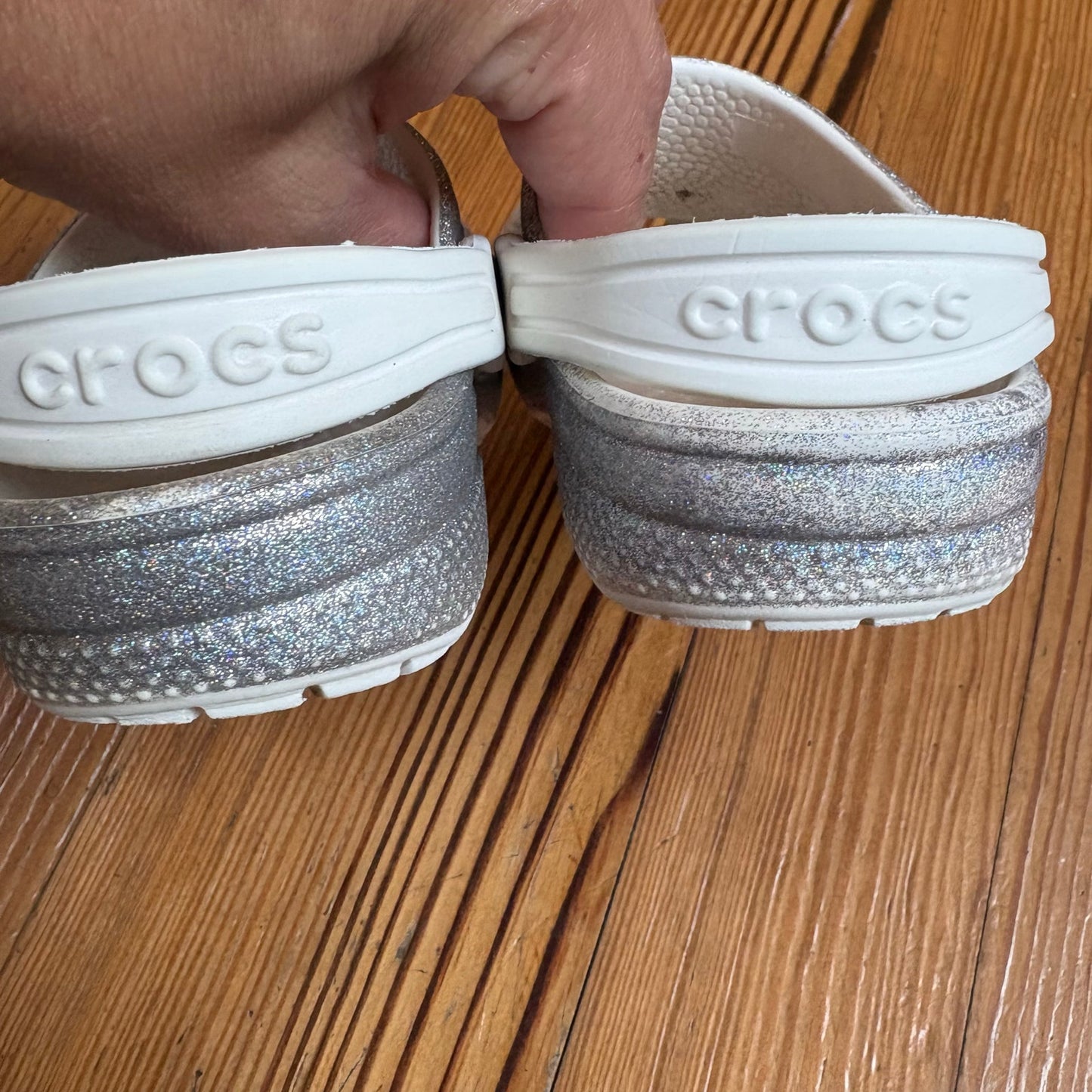 Crocs white silver glitter classic slip on child clog sandal SIZE 10