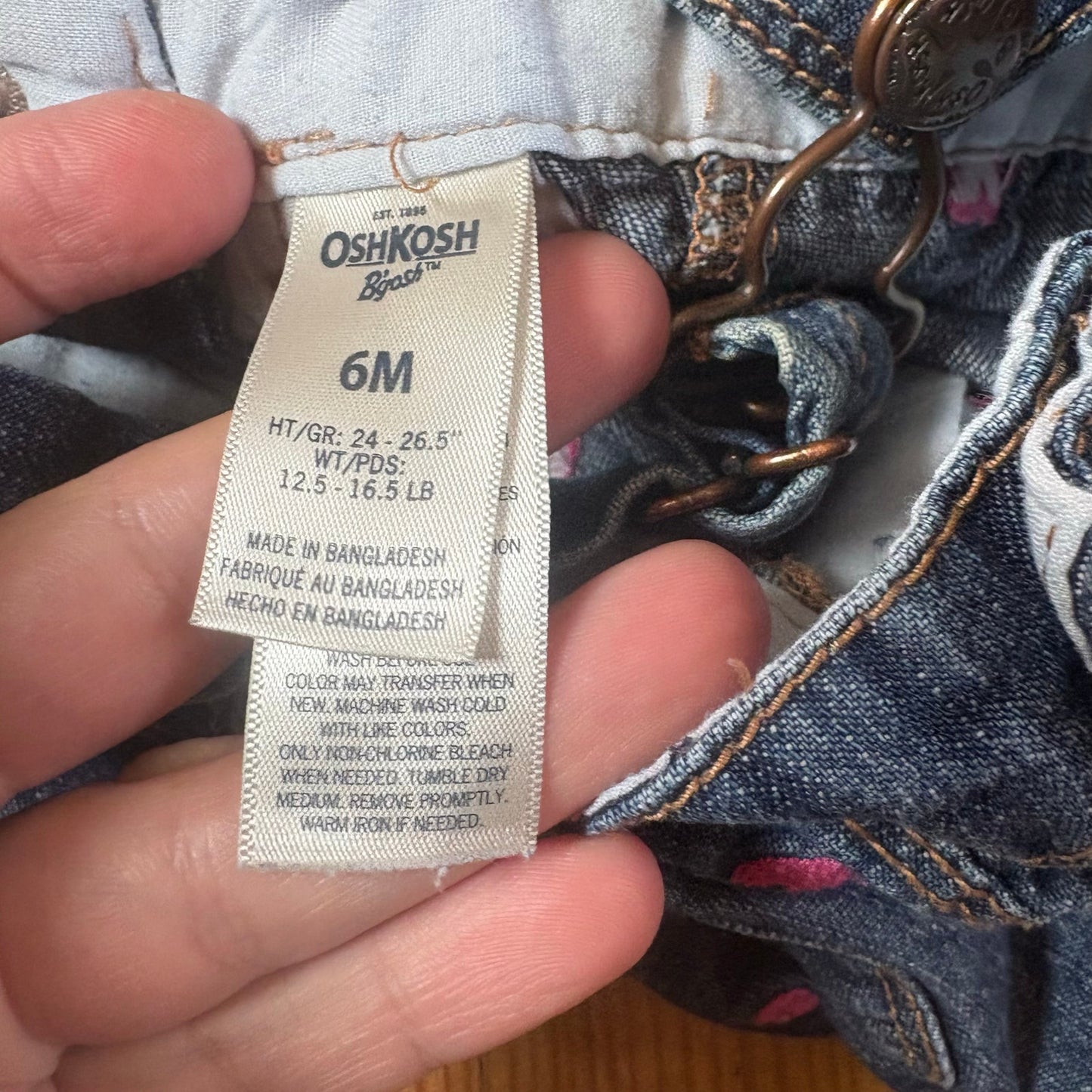 OshKosh B'gosh blue jean pink heart embroidered baby overalls SIZE 6M