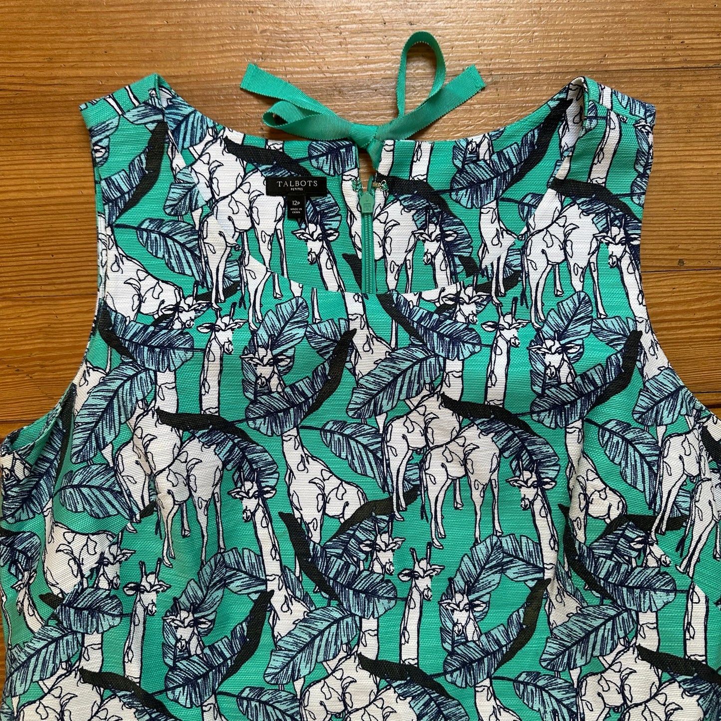 Talbots teal blue giraffe pattern sleeveless shift dress SIZE 12P