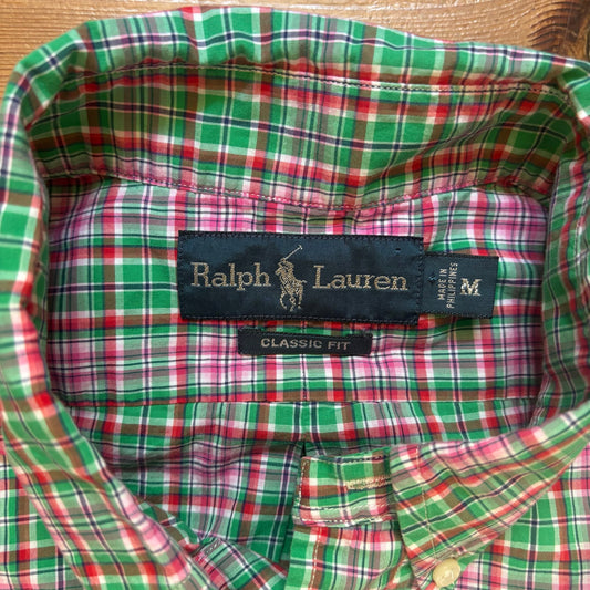 Ralph Lauren green pink plaid short sleeve button up mens shirt SIZE M