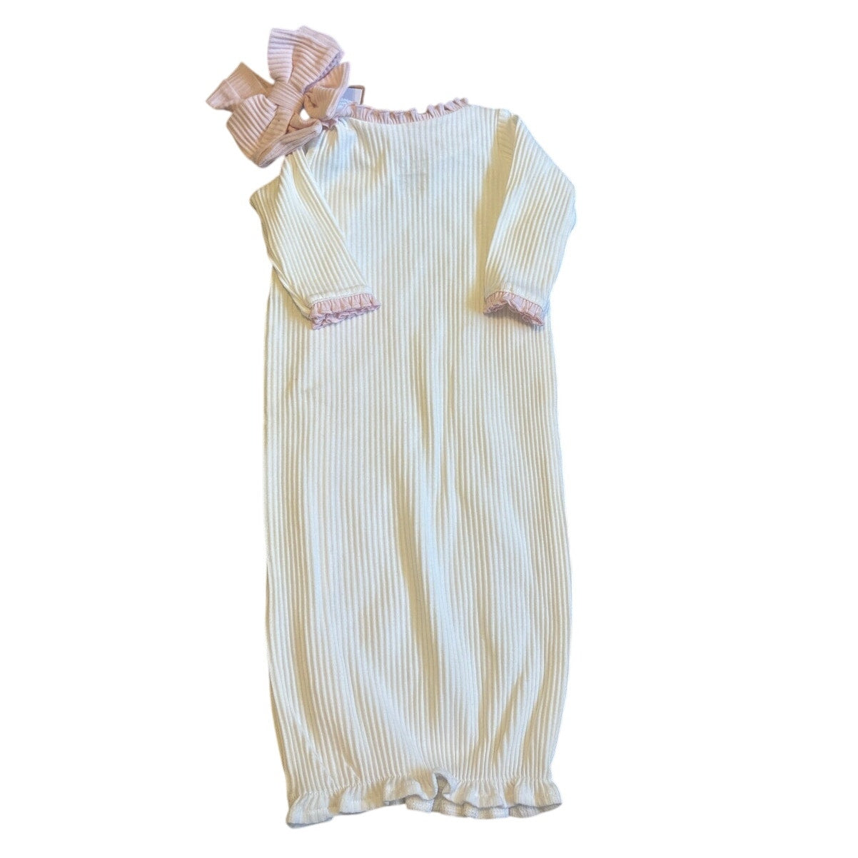 NWT Mudpie Baby white ribbed Hello World long sleeve bow sleep dress SIZE 0-3M