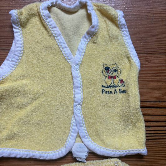 Vintage yellow white terry cloth owl peek a boo snap vest shorts set SIZE 6-9M