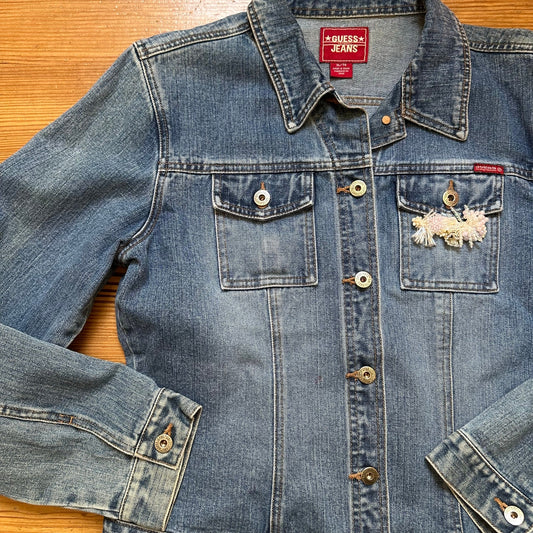 Guess Jeans medium wash beaded mermaid embellished beaded jean jacket SIZE XL