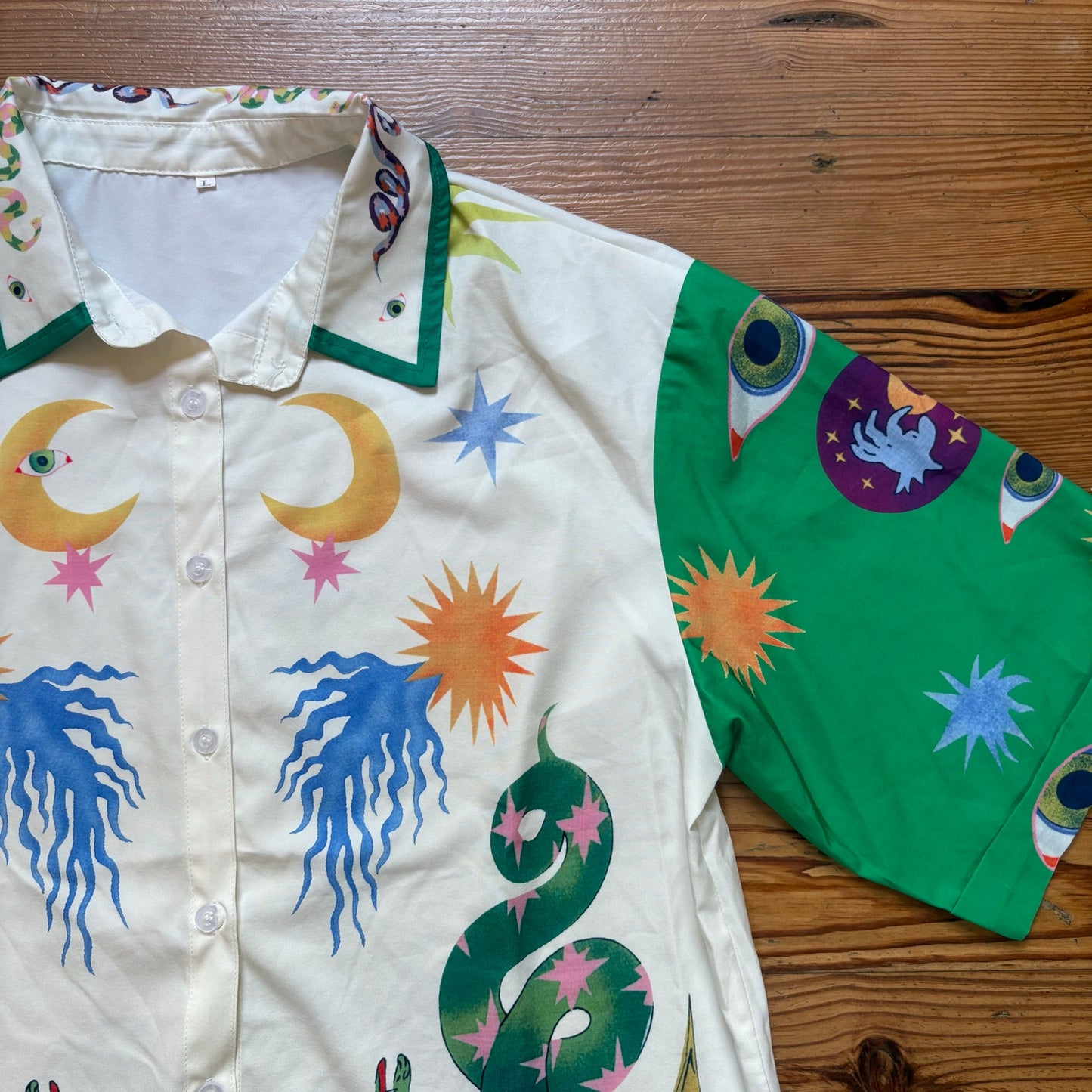 Shein white green dragon sun moon graphic short sleeve button up shirt SIZE L