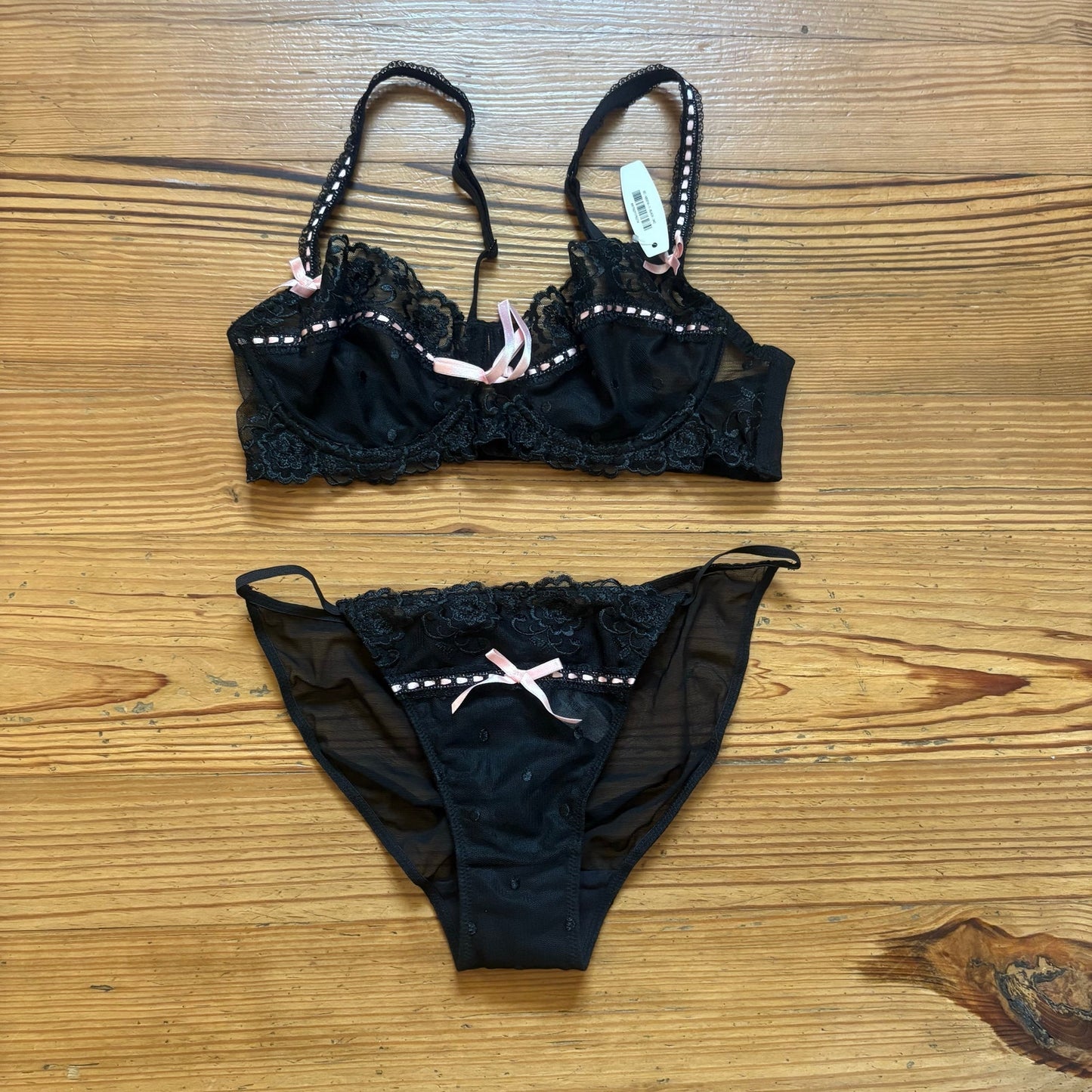 NWT Adore Me black lace pink ribbion accent bra pantie set SIZE M