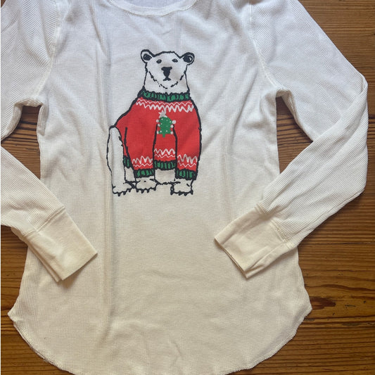 Old Navy white Christmas bear thermal waffle knit long sleeve shirt SIZE XL