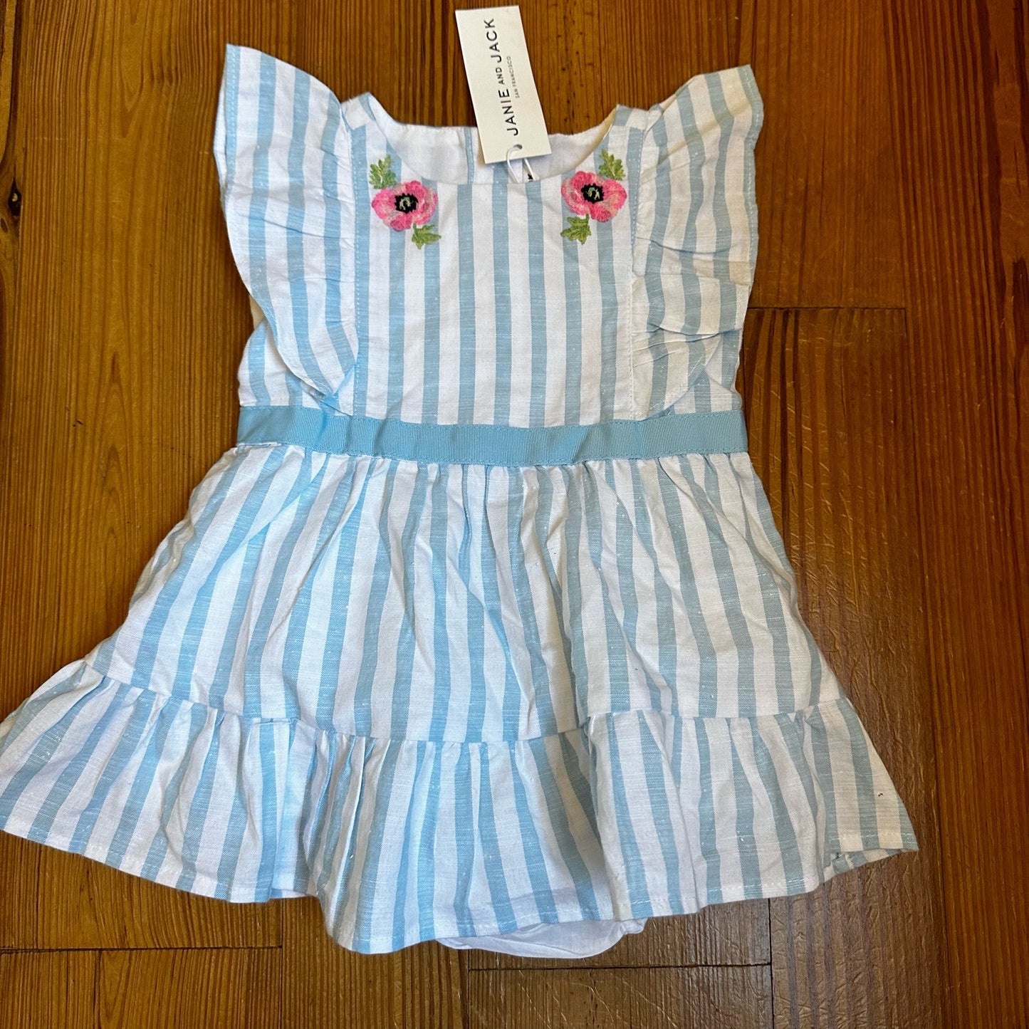 NWT Janie and Jack blue white striped floral embroidery dress SIZE 3-6M