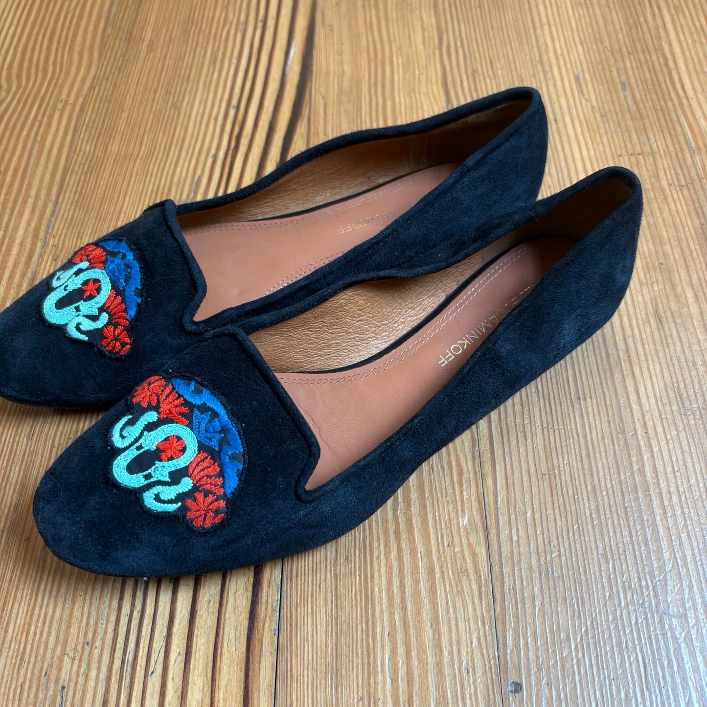 Rebecca Minkoff black suede Aries embroidered slip on flat SIZE 9