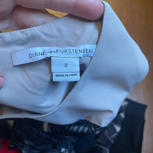 Diane von Furstenberg Reona beige black silk sleeveless geometric dress SIZE 2