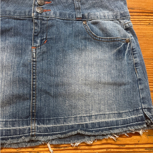 Y2K Deb Jeans medium wash raw hem button zip fly denim mini skirt SIZE 7