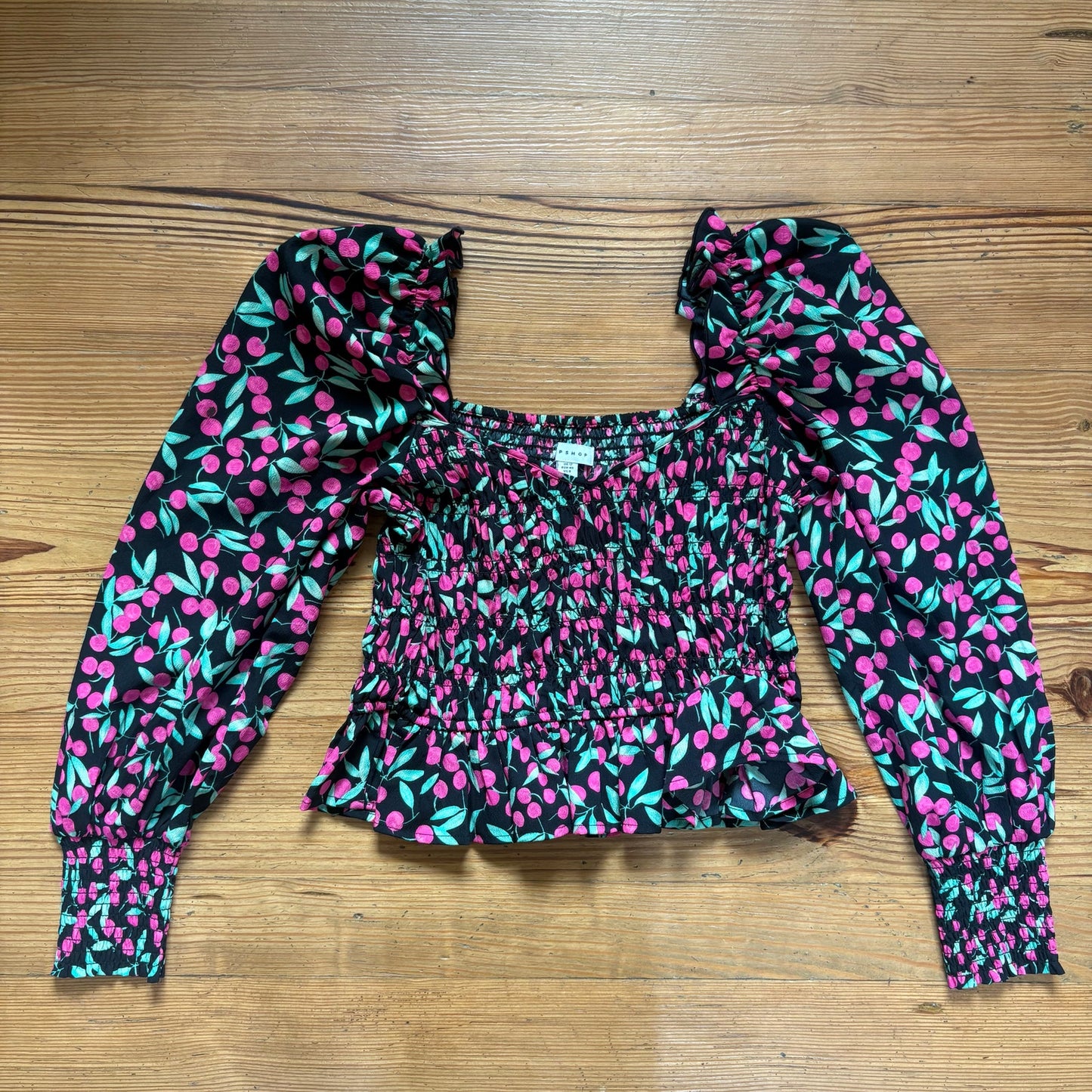 Topshop Cherry Print Smocked Long Sleeve square neck blouse shirt SIZE 8
