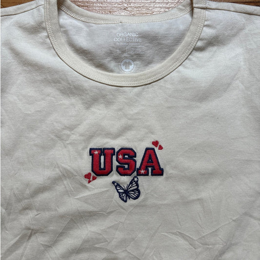 NWT Organic Collective cream USA butterfly embroidered short sleeve shirt SIZE L