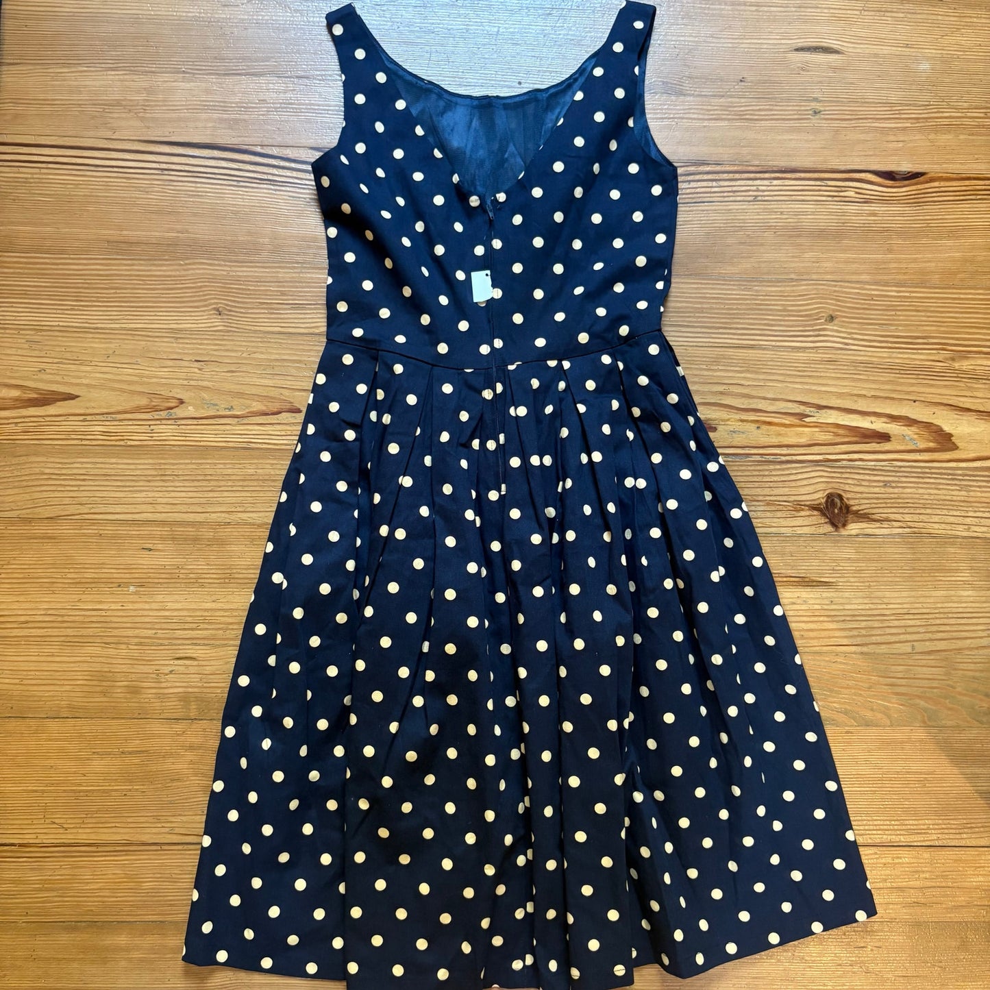 NWT Lindy Bop navy blue beige polka dot sleeveless cotton midi dress SIZE S