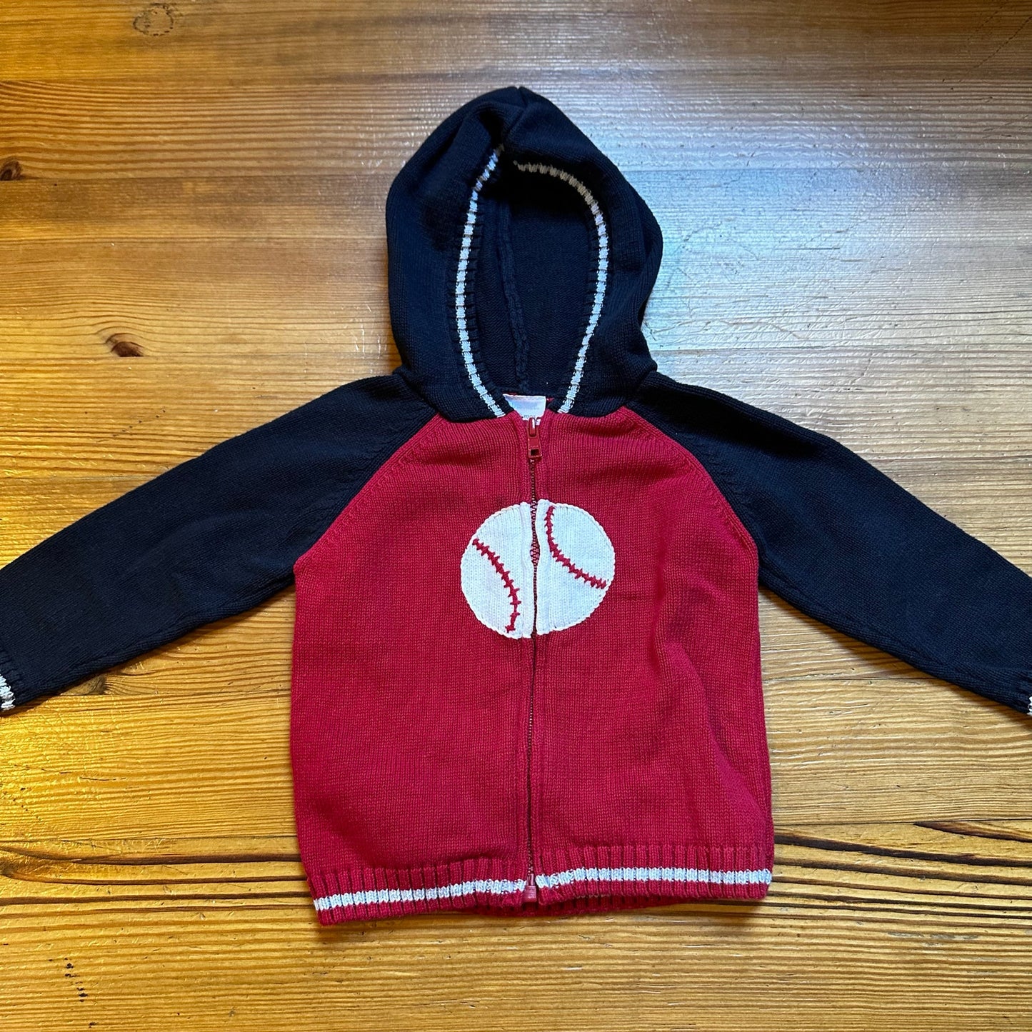 Gymboree red blue hooded full zip baseball knit sweater SIZE 12-18M