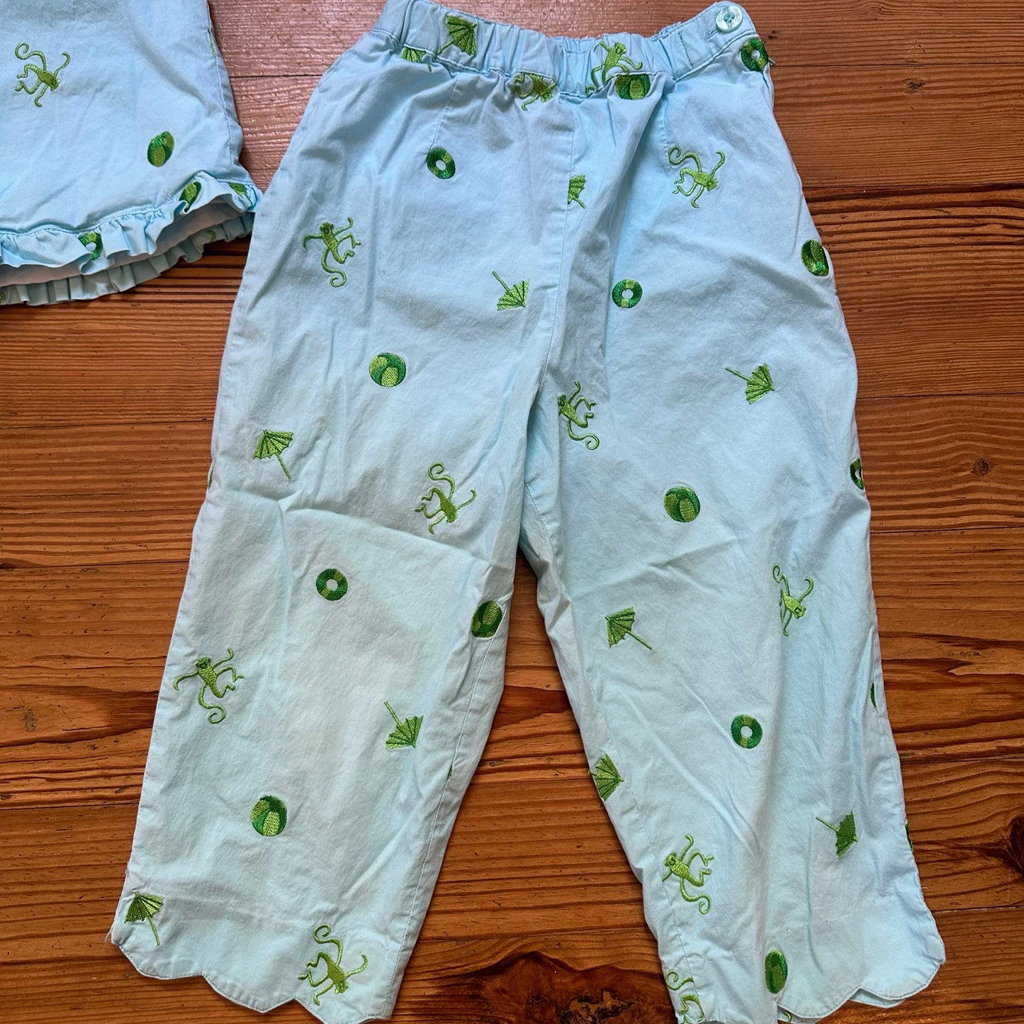 Lilly Pulitzer vintage light blue monkey embroidered cropped top pant set SIZE 10