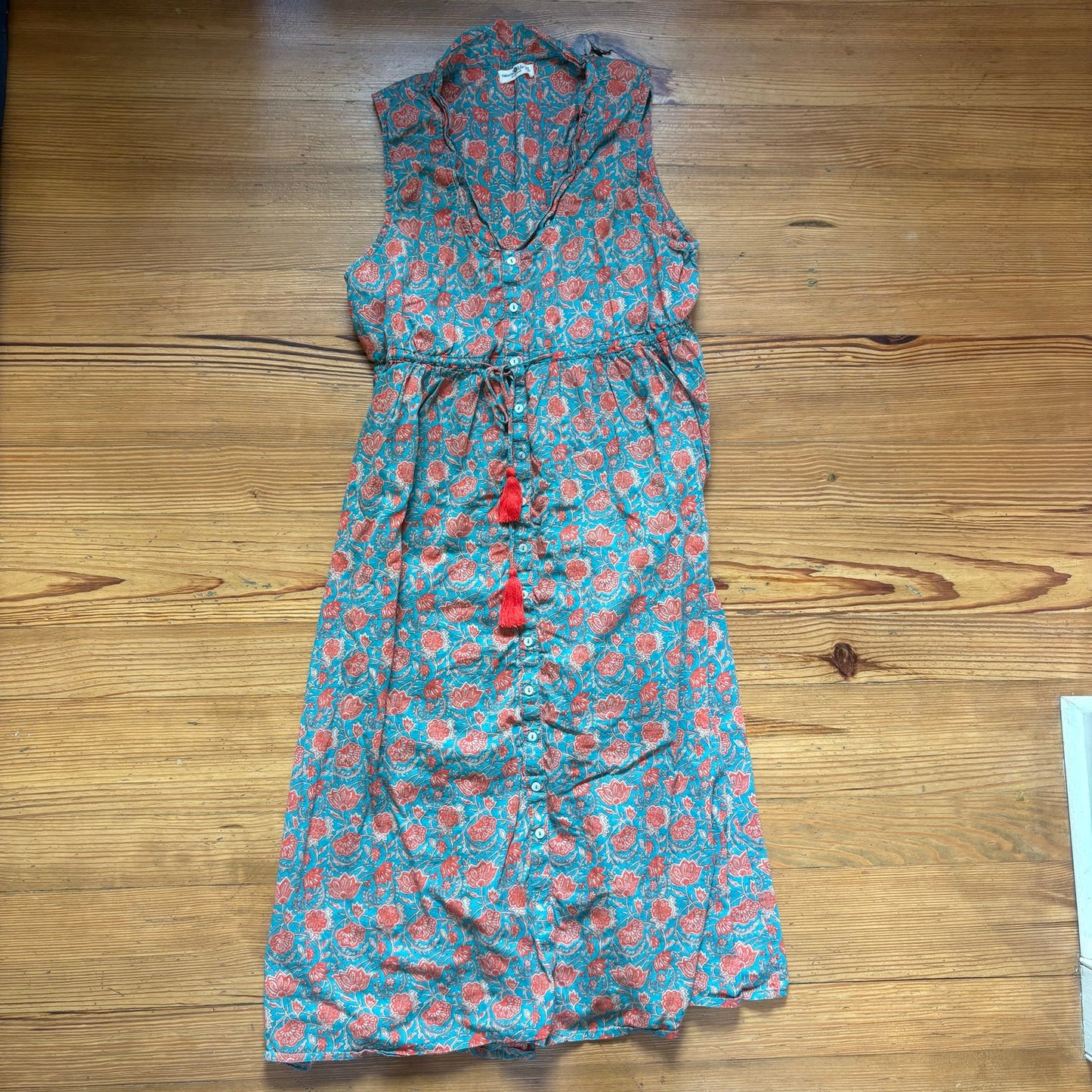 Natural Life green red floral sleeveless tassel button midi dress SIZE XL