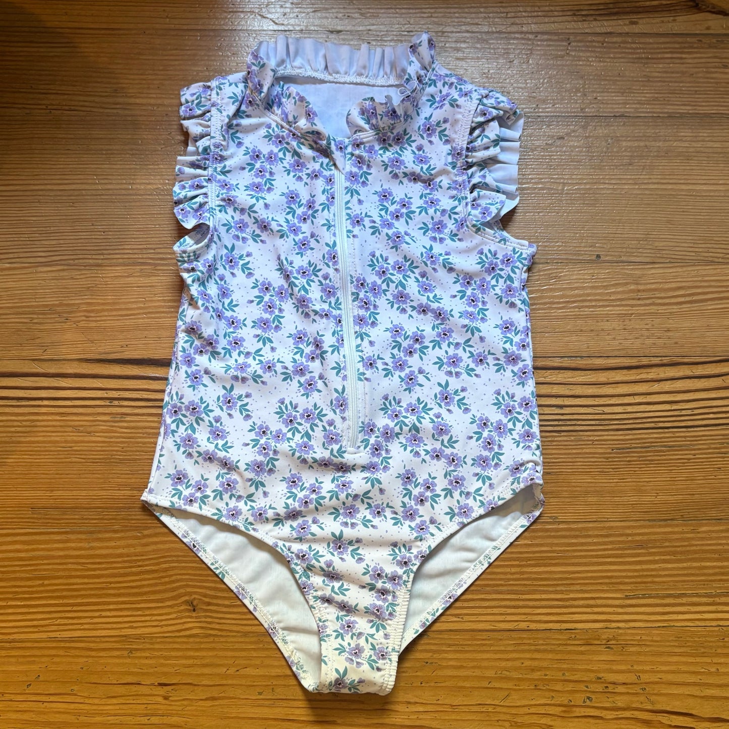 Shein white purple floral ruffle sleeve collar zip front swimsuit SIZE 7