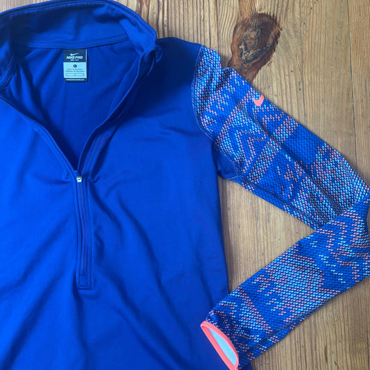Nike Pro Dri Fit blue tribal sleeve quarter zip womens athletic shirt SIZE L