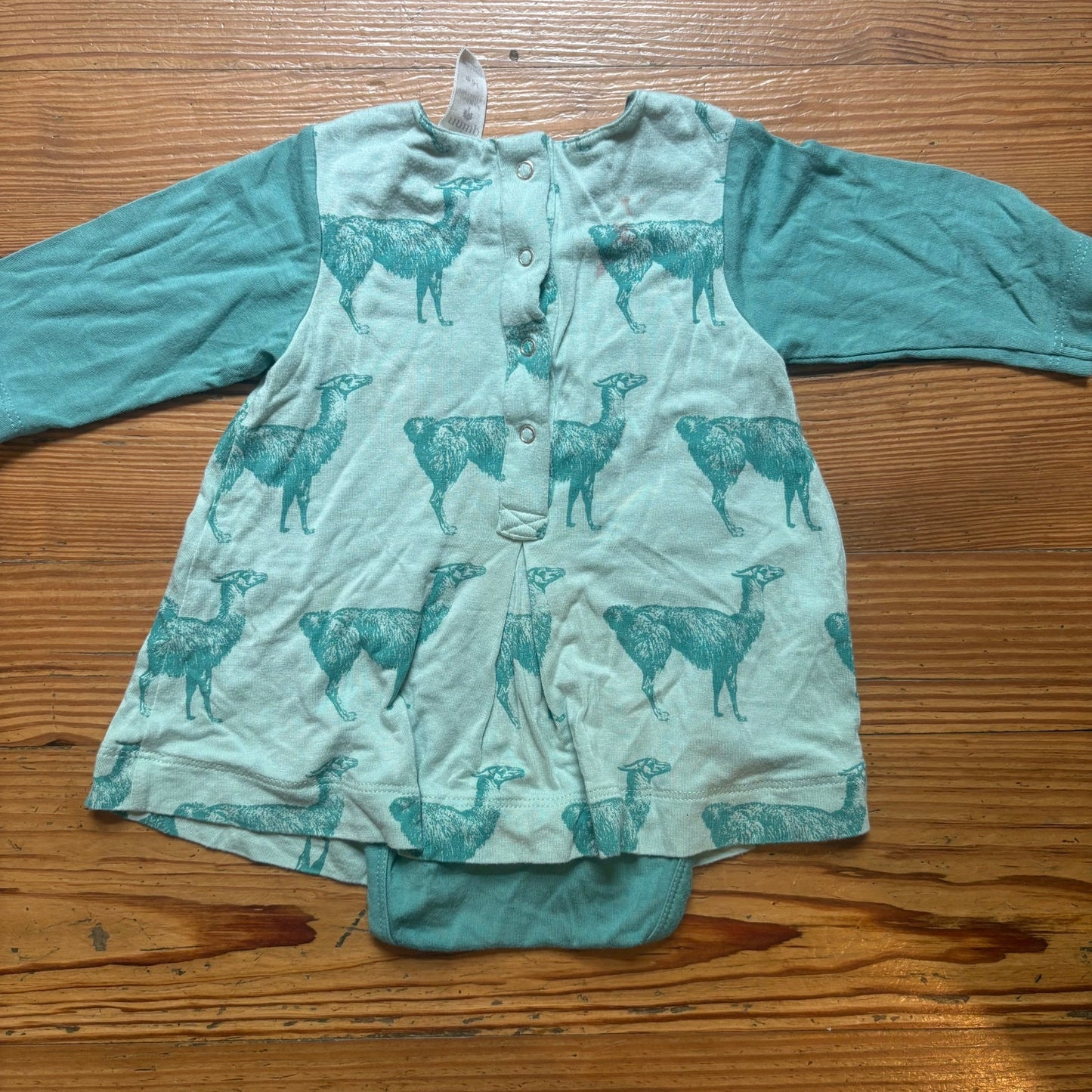 Kate Quinn bamboo light blue green llama long sleeve bodysuit dress SIZE 3-6M