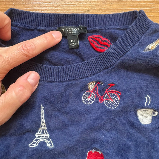 Talbots Paris dark navy blue embroidered crew lightweight sweater SIZE M