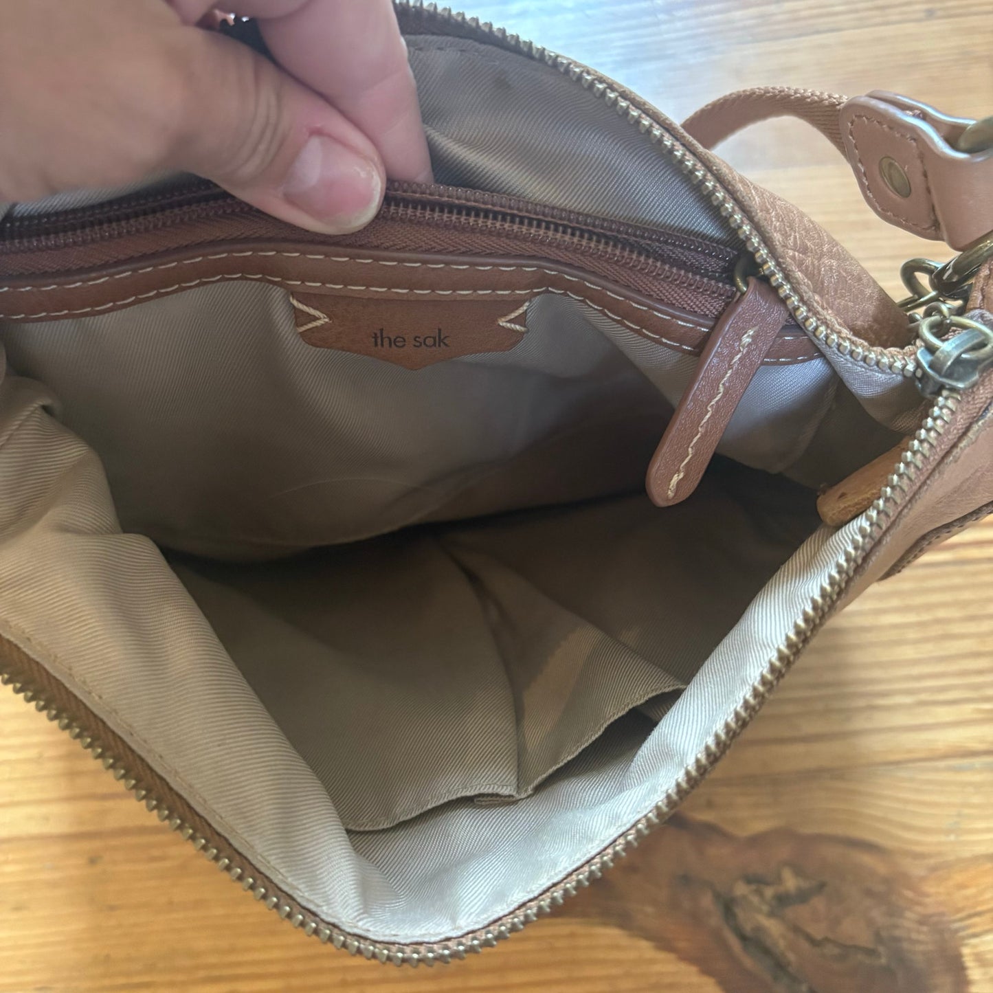 The Sak light brown leather floral embossed shoulder bag