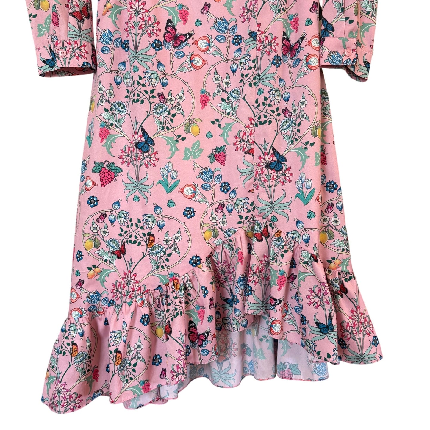 Benares pink floral long sleeve ruffle asymmetrical midi dress SIZE M