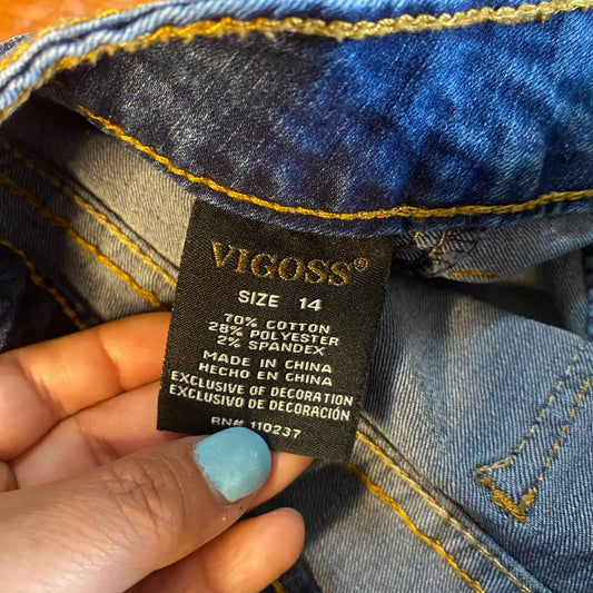 Vigoss medium wash yellow floral embroidered raw hem youth jeans SIZE 14