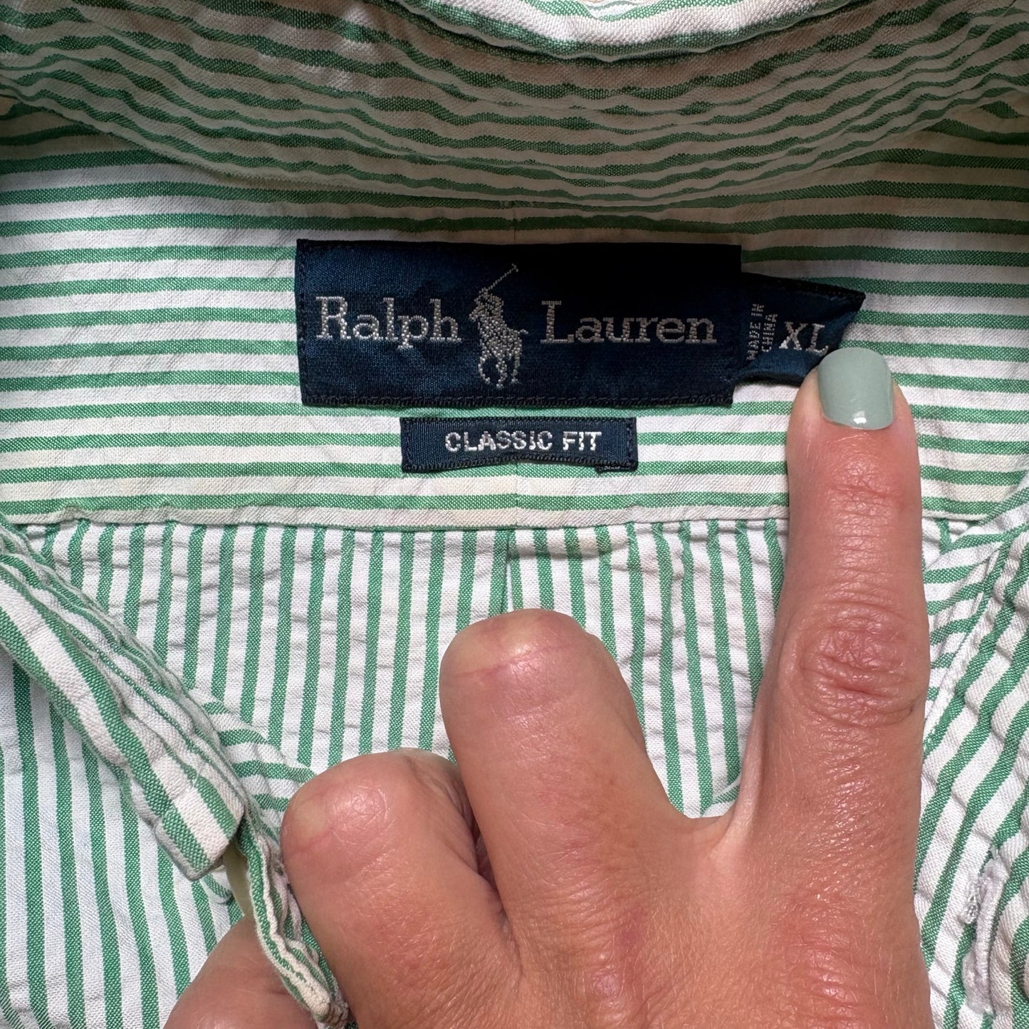 Ralph Lauren green white striped seersucker long sleeve dress shirt SIZE XL