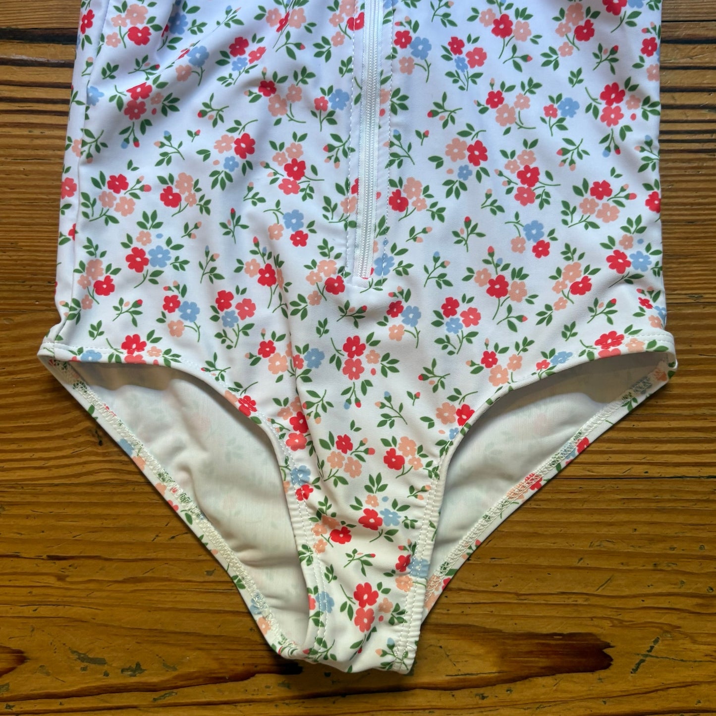 Shein white red pink floral ruffle sleeveless zip front swimsuit SIZE 6