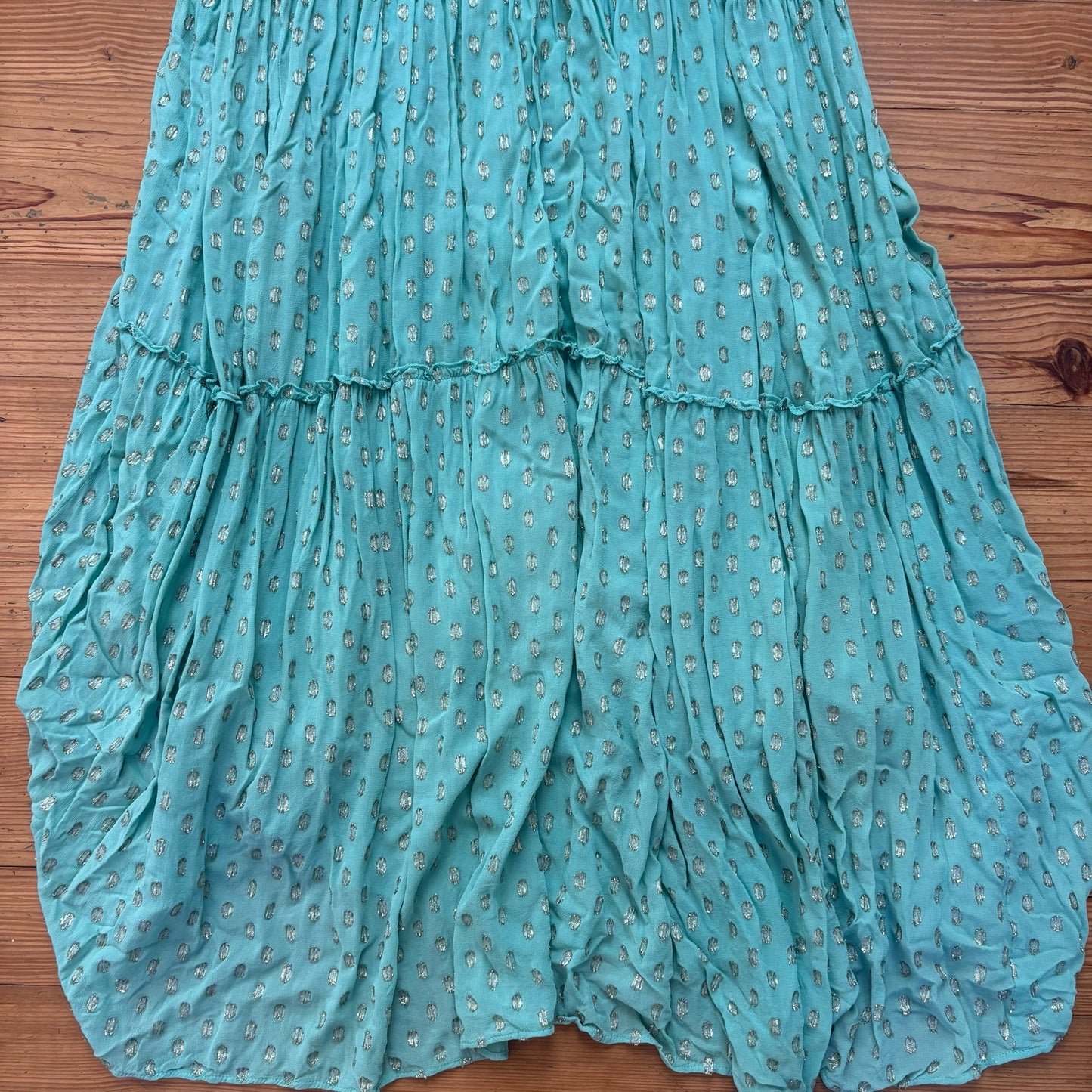 En Creme mint green gold polka dot plunge neckline maxi dress SIZE M