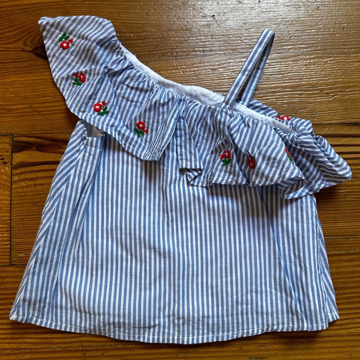 Janie and Jack blue white striped offshoulder floral embroidered shirt SIZE6-12M