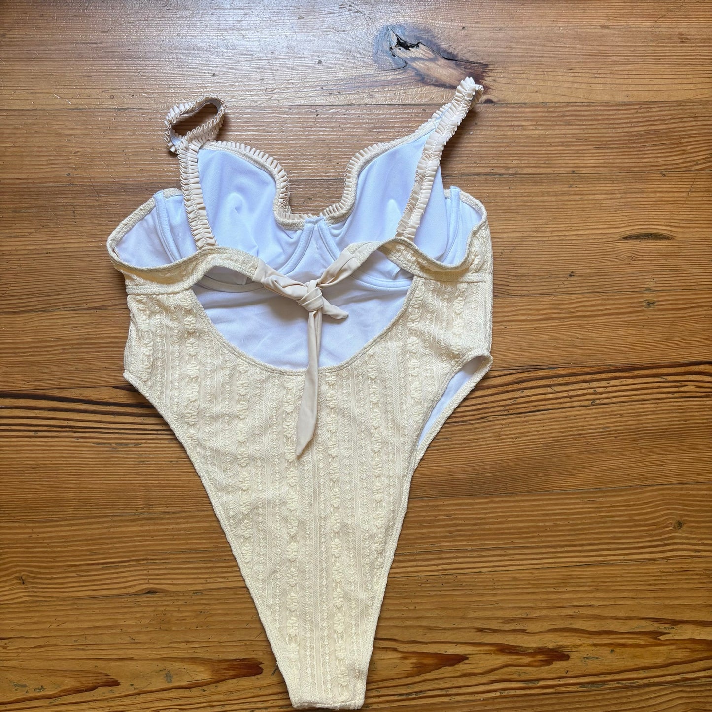 Shein beige lace bustier high waisted open back one piece swimsuit SIZE XL