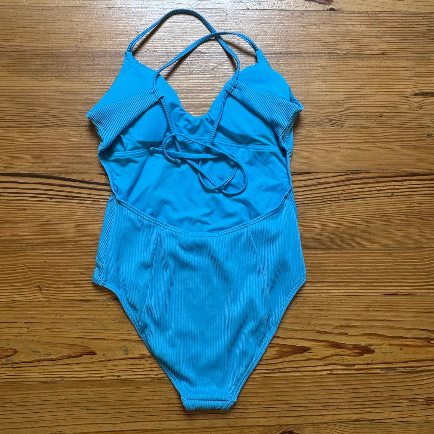 SO aqua blue ribbed lace open back moderate coverage one piece swimsuit SIZE L