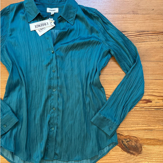 NWT L'Agence teal crinkle satin button up collar blouse SIZE S