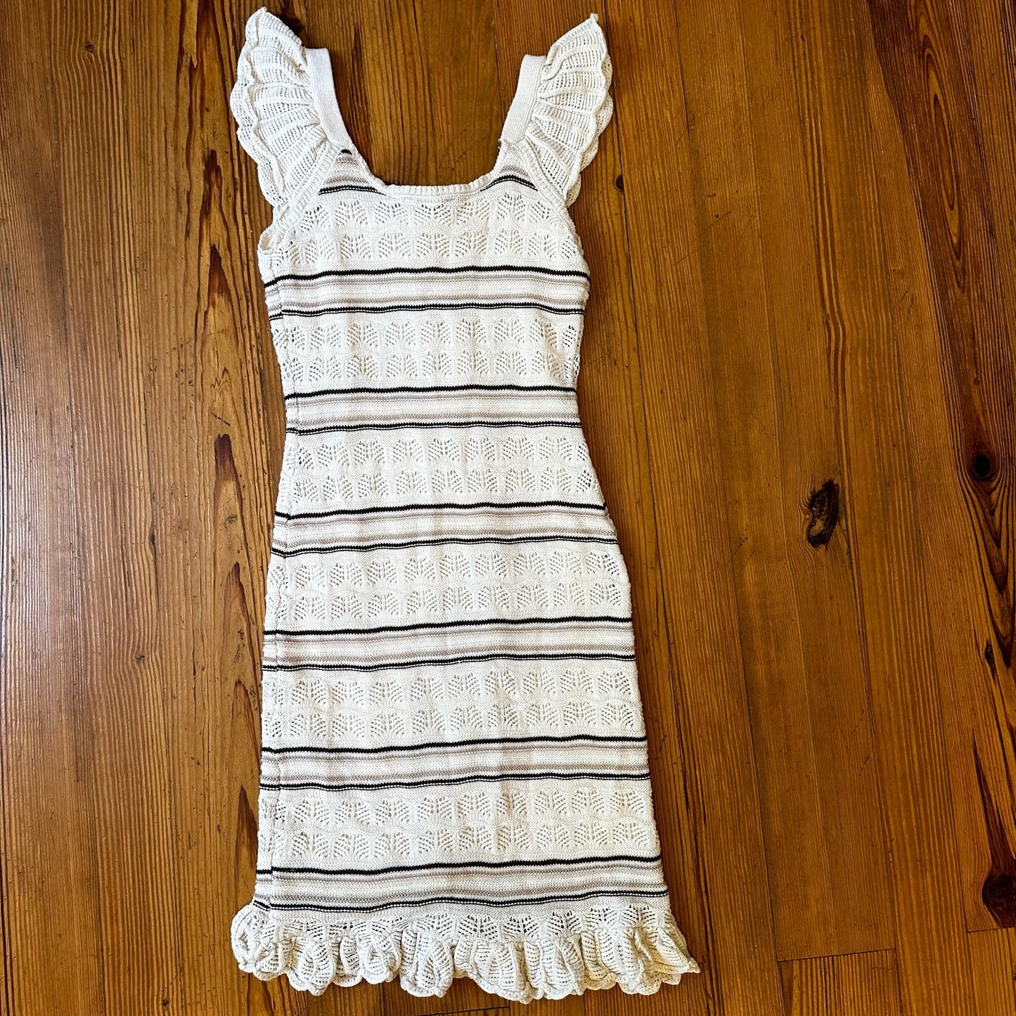 Freshman 1996 cream brown striped knit crochet midi sleeveless dress SIZE S