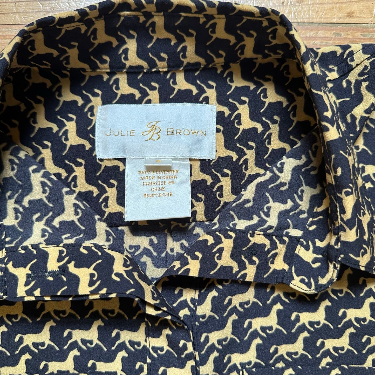 Julie Brown black with cream horse pattern, long sleeve button up shirt SIZE 6