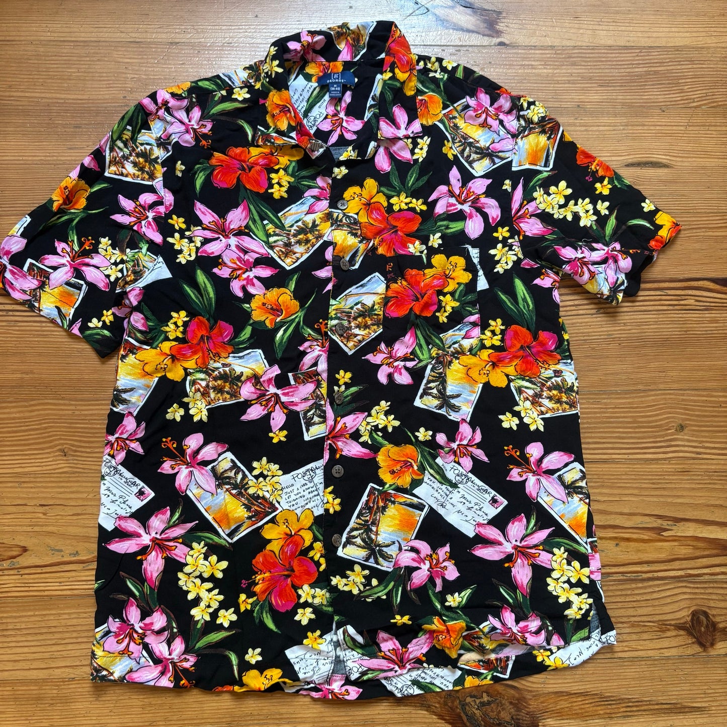 George black pink red tropical short sleeve button up womens shirt SIZE M