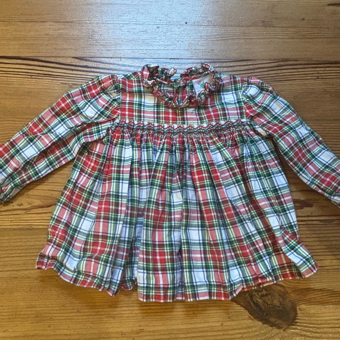 Shrimp & Grits red white checkered holiday long sleeve smocked girls top SIZE 5