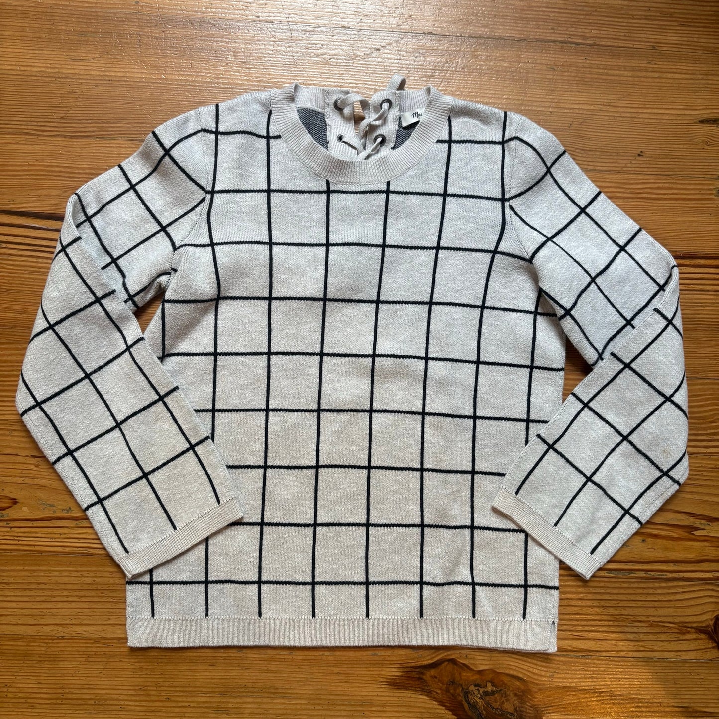 Madewell gray black checkered long sleeve crew lace back sweater SIZE XXS