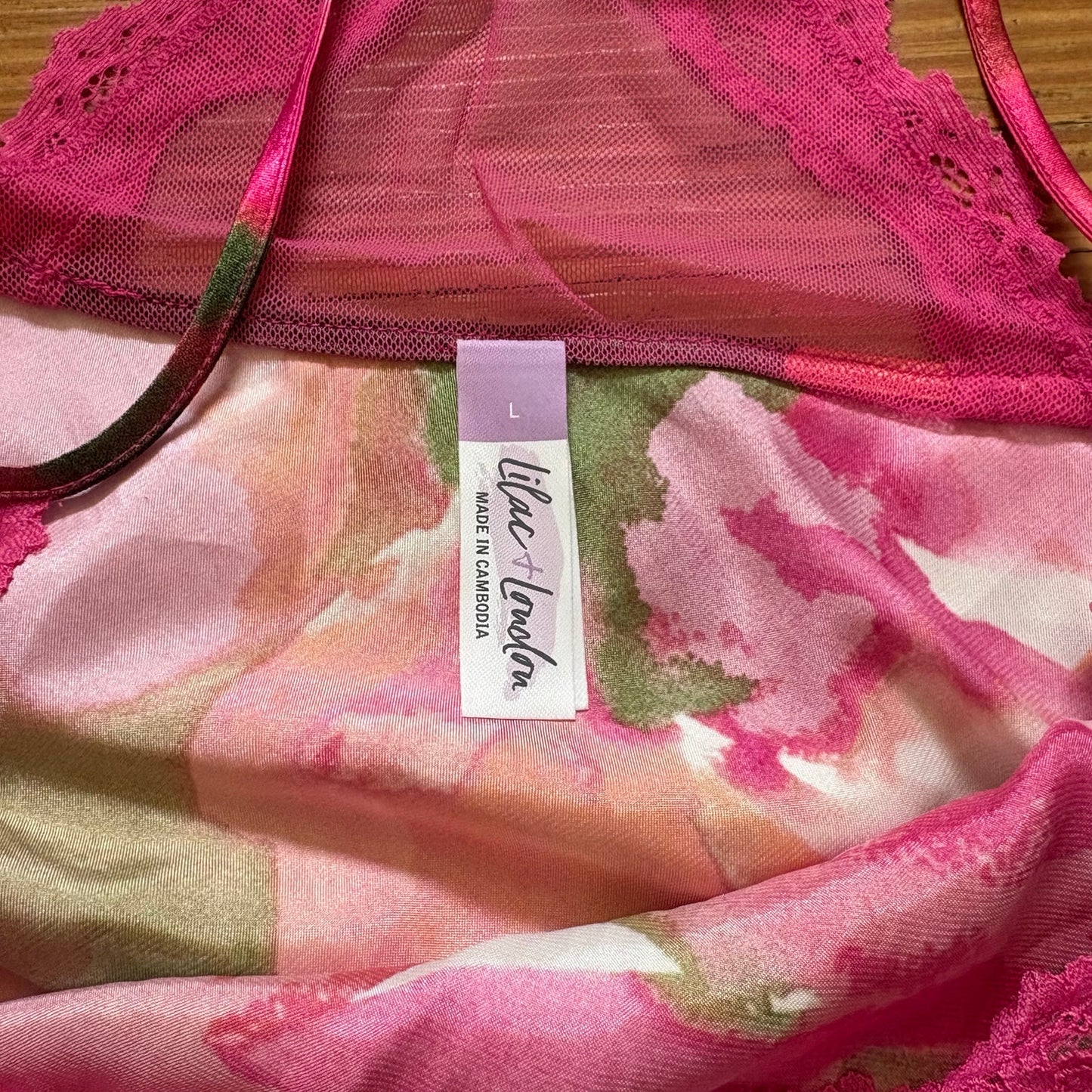 NWT Lilac + London pink floral lace trim womens camisole sleep shirt SIZE L