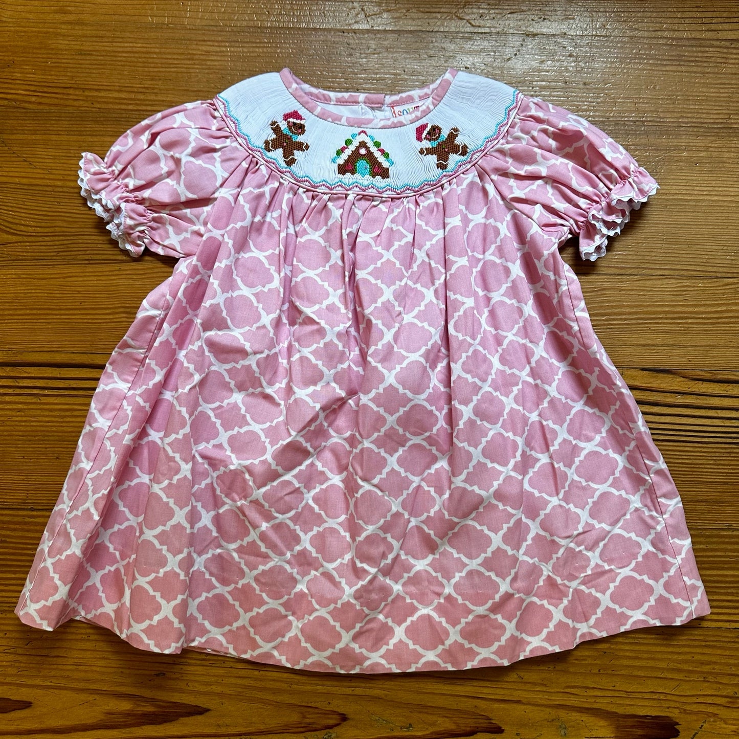 Southern Tots Christmas gingerbread pink white smocked ruffle dress SIZE 24M