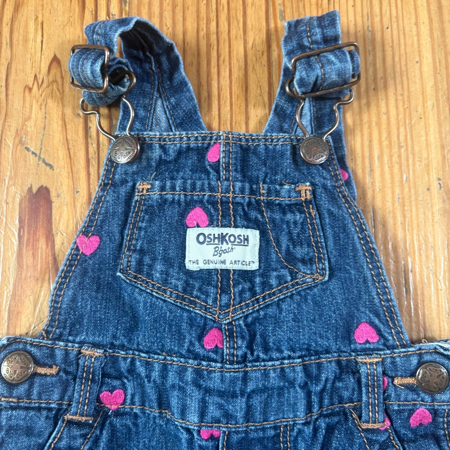 OshKosh B'gosh blue jean pink heart embroidered baby overalls SIZE 6M