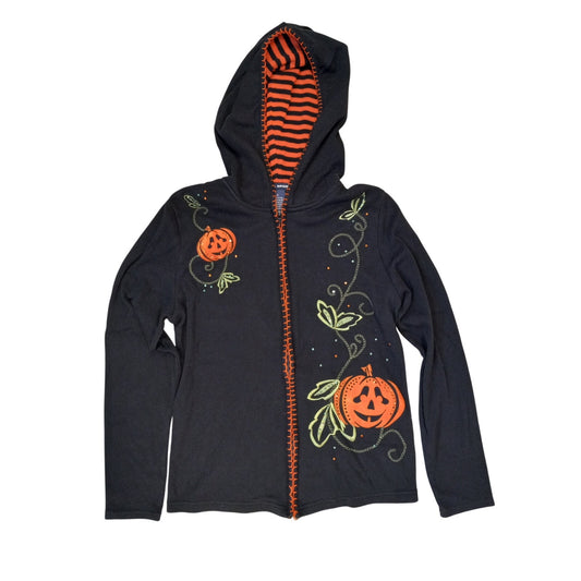SML Sport black pumpkin Halloween full zip hooded cardigan sweater SIZE S