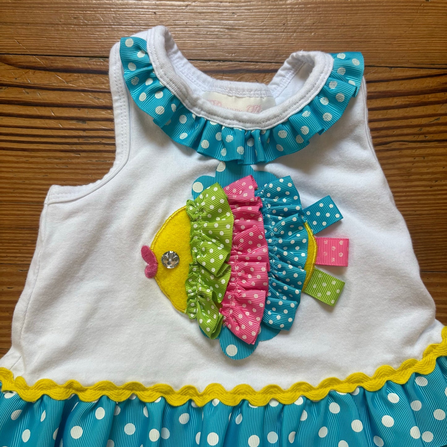 Bonnie Jean white blue polkadot ruffle fish tank baby bodysuit SIZE 3-6M