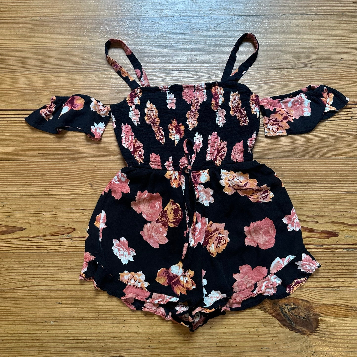 Band of Gypsies black pink floral off shoulder romper SIZE S