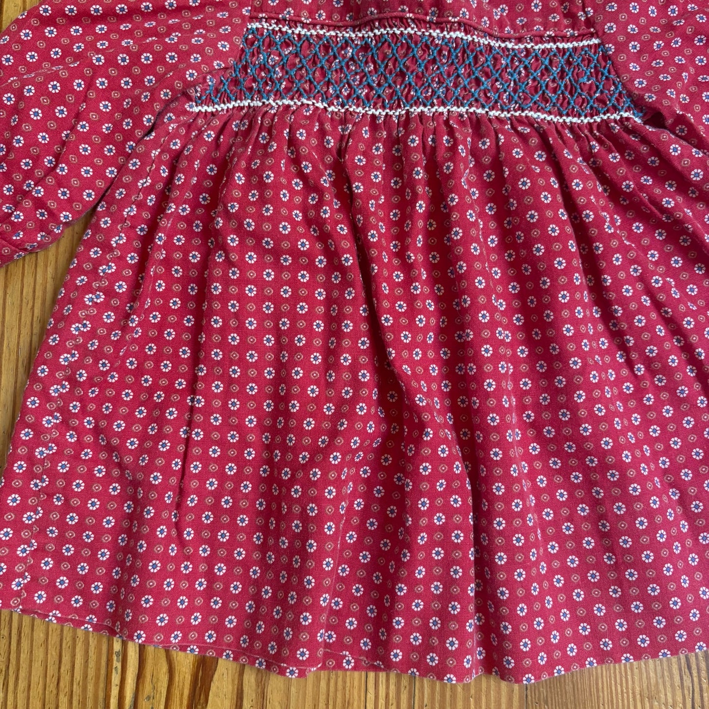Polly Flinders vintage red smocked lace collar long sleeve dress SIZE 2
