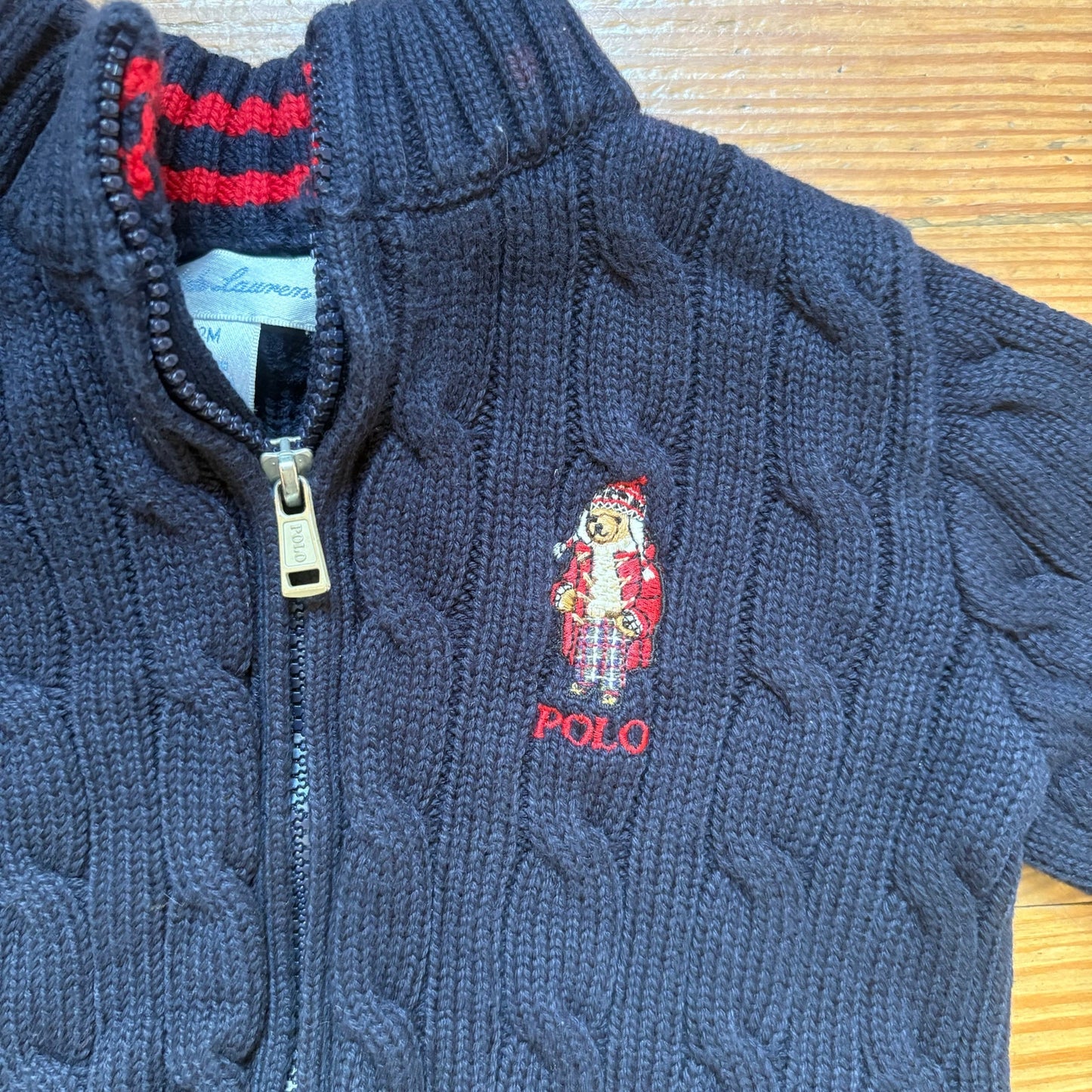 Ralph Lauren navy Polo bear full zip cable knit sweater SIZE 12M